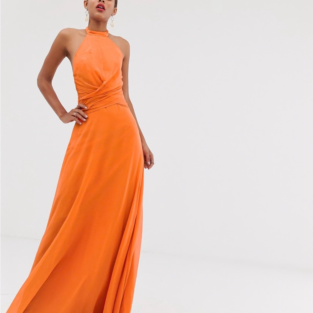 Elegant Orange Halter Maxi Dress